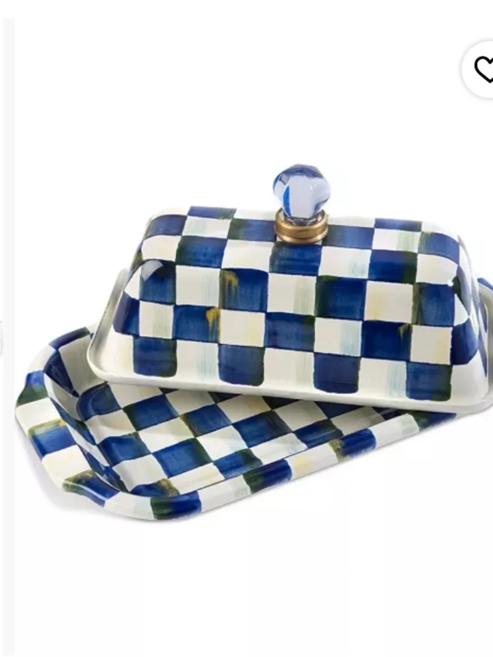 Blue & White Check Ceramic Butter Dish with Glass Knob